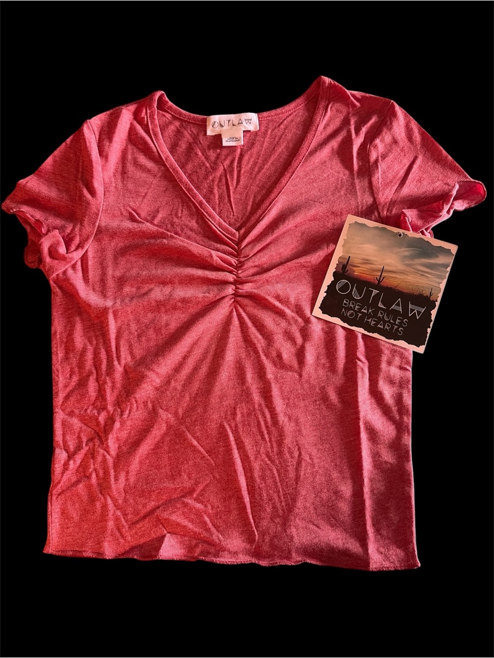 Outlaw Women's V-Neck Ruched Short Sleeve Tee in Coral